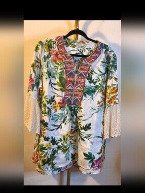 John Mark White Floral Embroidered Tunic with Lace Sleeves